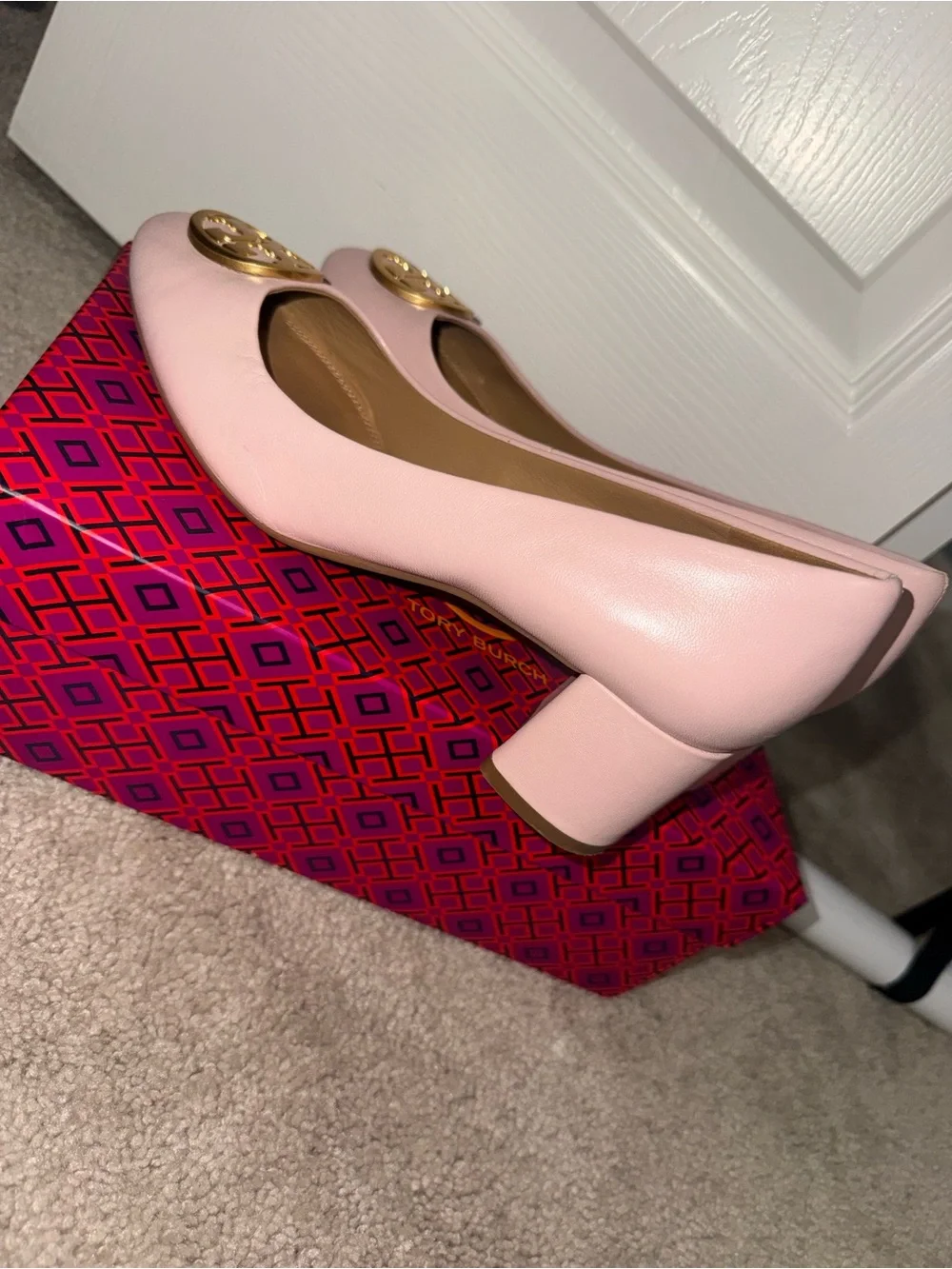 Tory Burch Pale Pink Leather Block Heel Pumps with Gold Logo